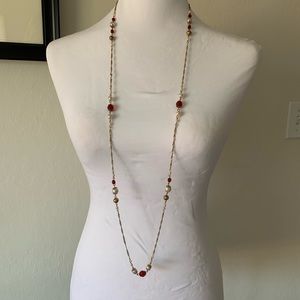 Simulated garnet and pearl long necklace